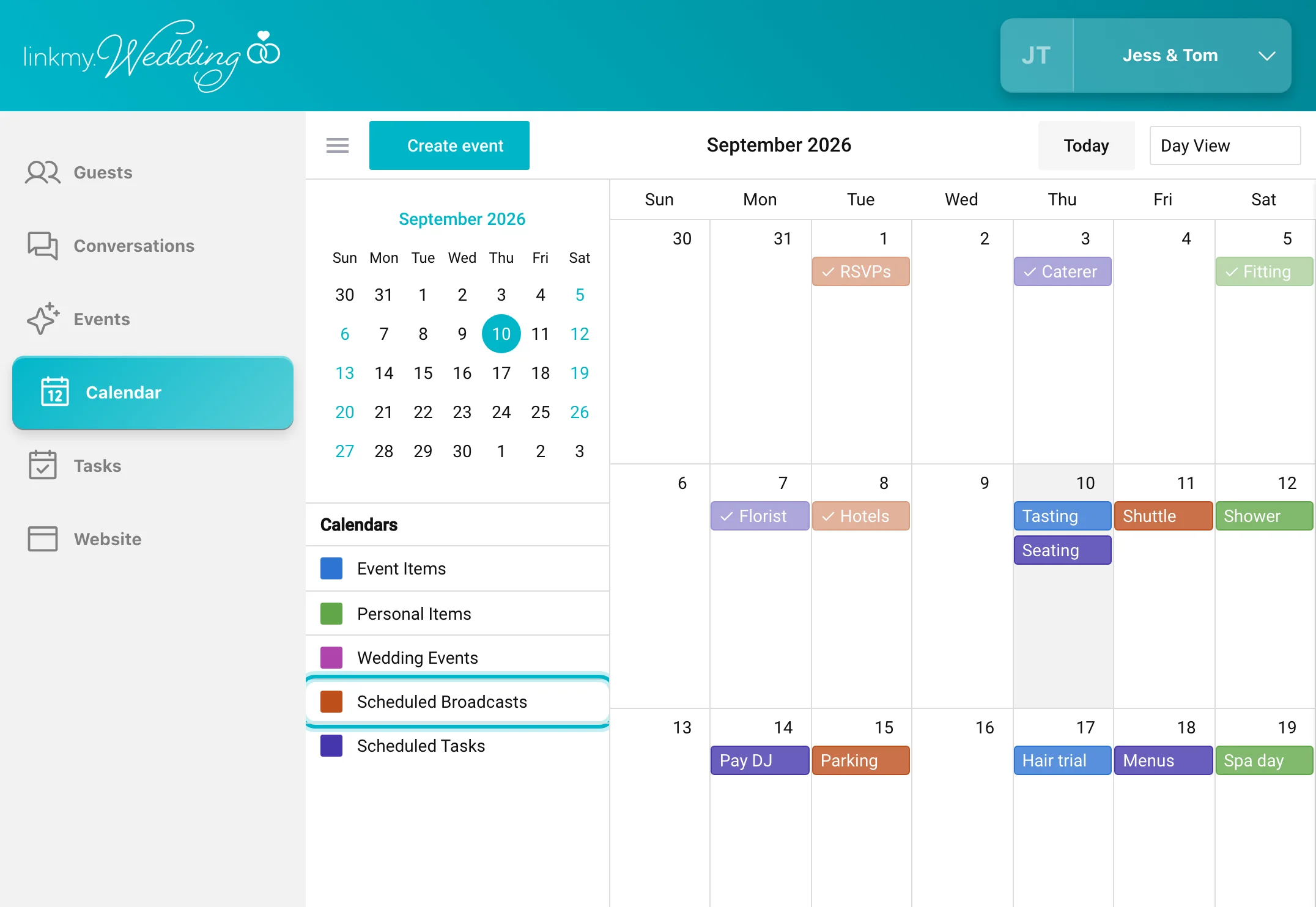 The dashboard: the wedding calendar, with scheduled messages as one of its calendars