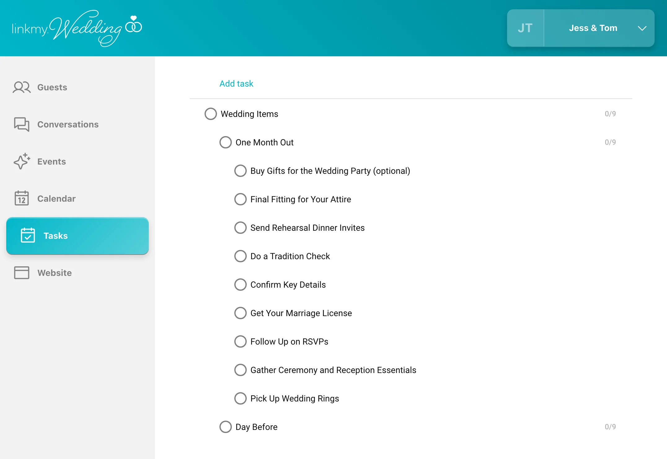 The dashboard: a wedding's to-do list, grouped by how far out the wedding is