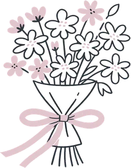 An illustrated bouquet of flowers, tied with a ribbon